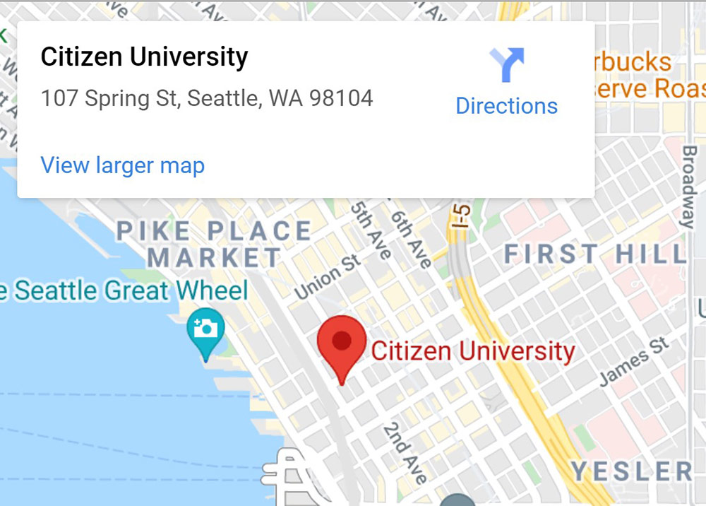 Screenshot of the Google Maps view of the Citizen University office in Seattle.