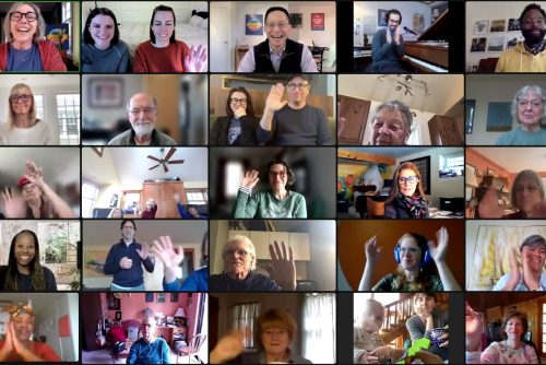 A screenshot of Civic Saturday attendees waving on zoom. 