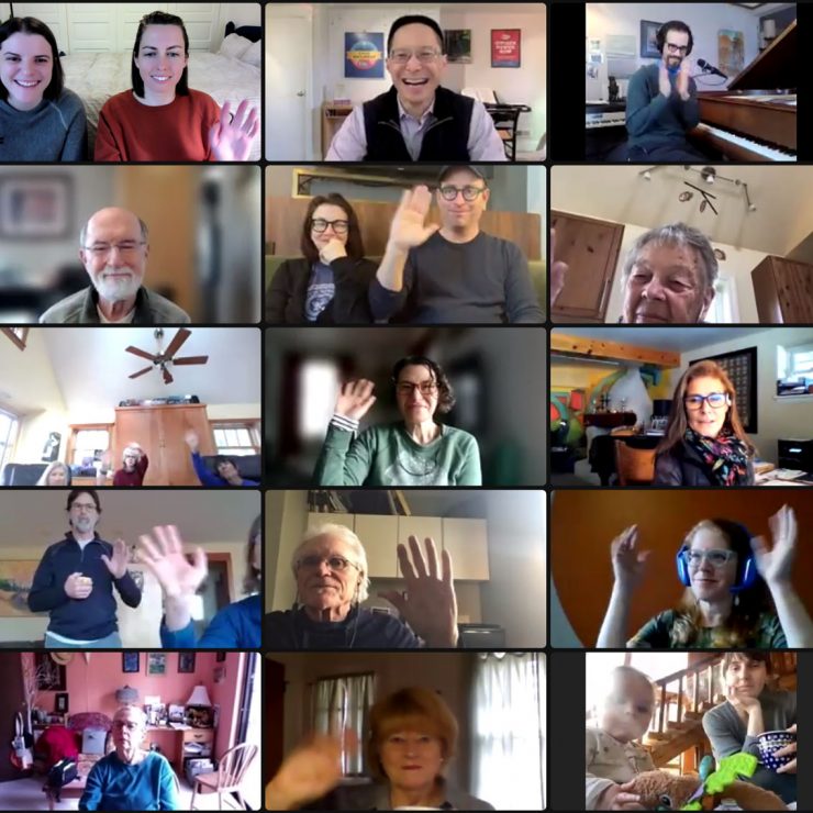 A screenshot of Civic Saturday attendees waving on zoom. 
