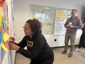A few Civic Saturday Fellows standing in front of a map of the US with brightly colored sticky notes.