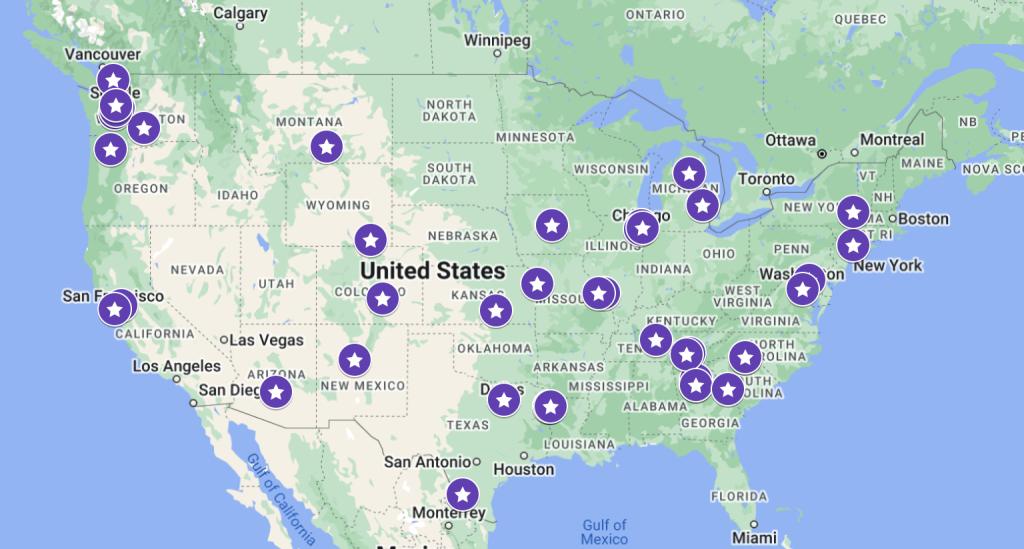 A Google Map screenshot of Citizen University Civic Saturday Fellowship Fall 2023 Fellow locations in America.