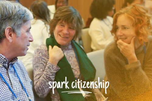 Three people chatting together with the text, spark citizenship.