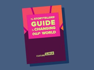 A graphic with a preview of the report, storyteller's guide to changing our world