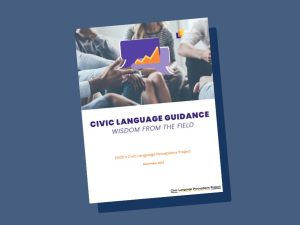 A graphic with a preview of the report, civic language research