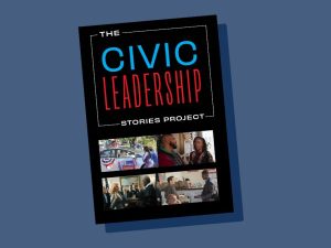 A graphic with a preview of the site, civic leadership stories project